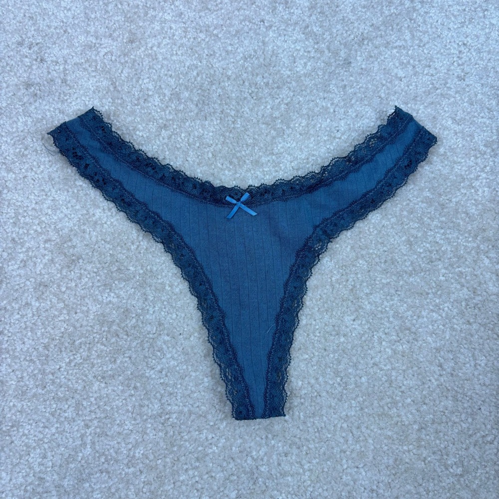 SKIMS Ribbed Cotton Lace Trim Thong Panty Dark Teal Blue Small NWOT